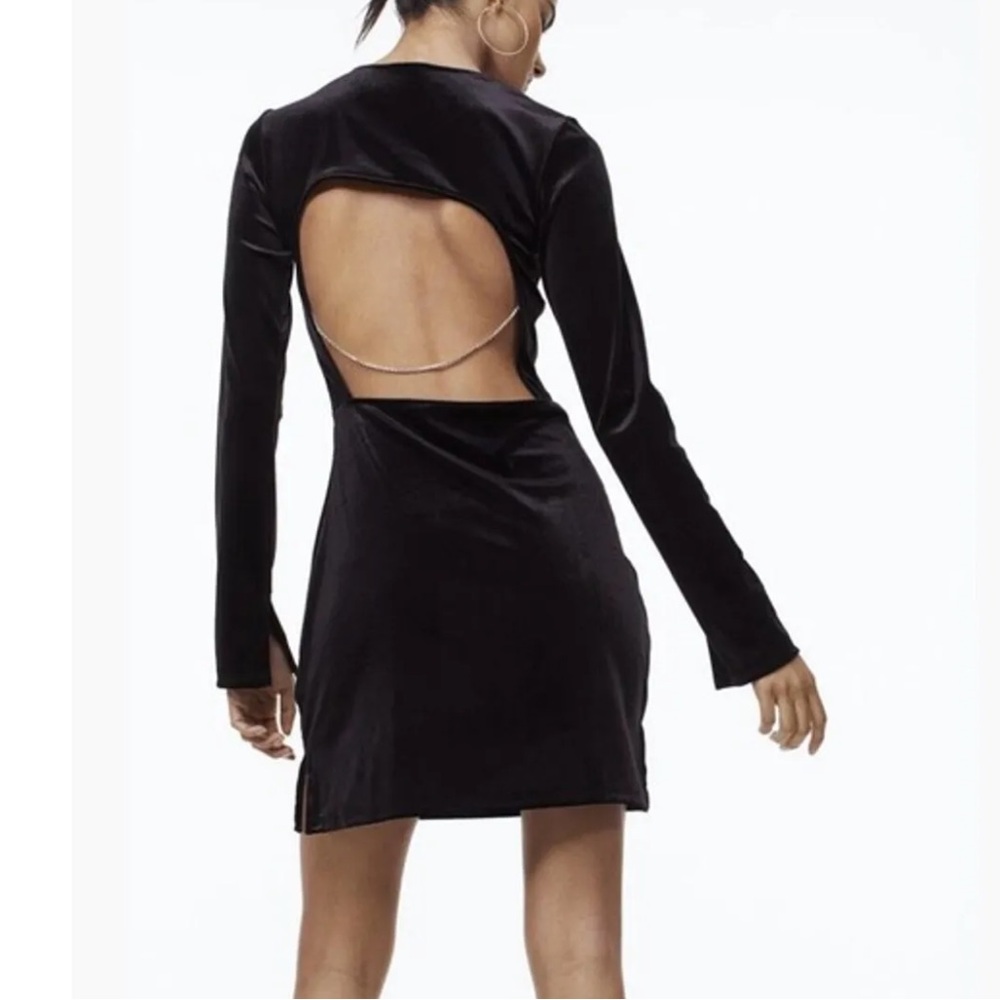 Black velvet long sleeve open back dress